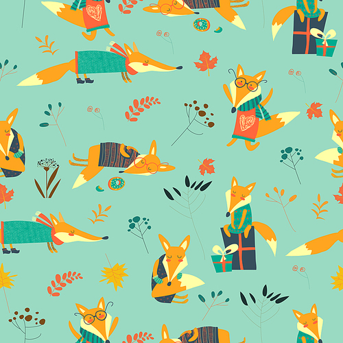 Vector cute foxes seamless pattern with autumn leaves