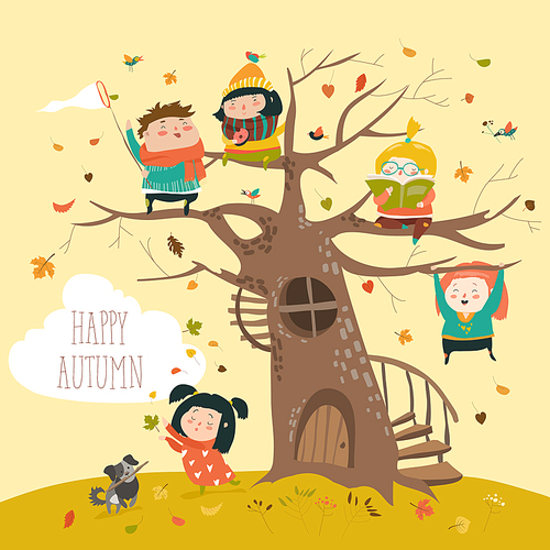 Happy children sitting on tree in autumn park. Vector illustration