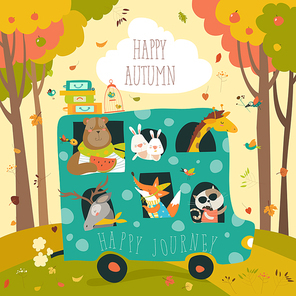Cute animals traveling by bus. Vector illustration