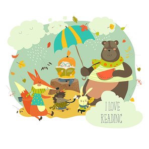 Cute girl reading book to wild animals. Vector illustration