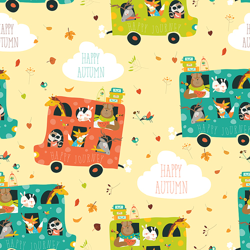 Cute animals seamless pattern traveling by bus