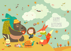 Girl with animals at picnic in autumn forest. Vector illustration