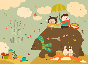 Happy kids with bear and fox in autumn forest. Vector illustration