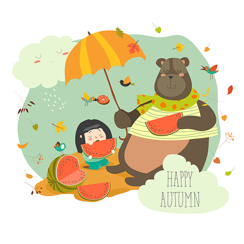 Cute girl with bear eating watermelon. Vector autumn illustration