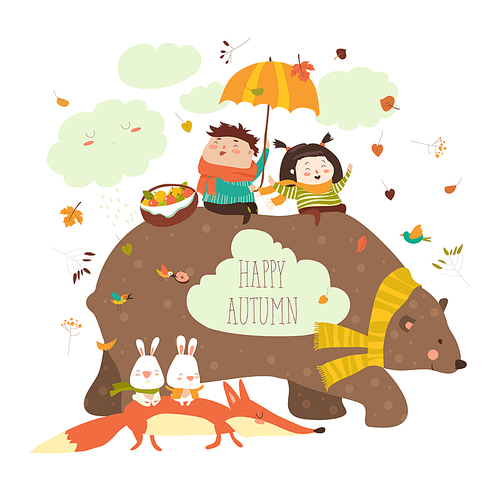 Happy kids with bear and fox. Vector illustration