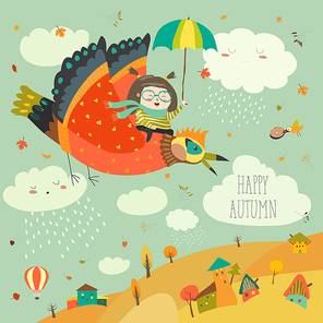 Little girl flying in the sky with funny birds. Vector illustration