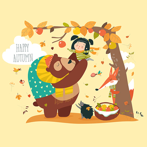 Funny bear with cute girl harvesting apples. Vector illustration
