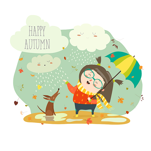 Cute girl playing in rain with umbrella. Vector illustration