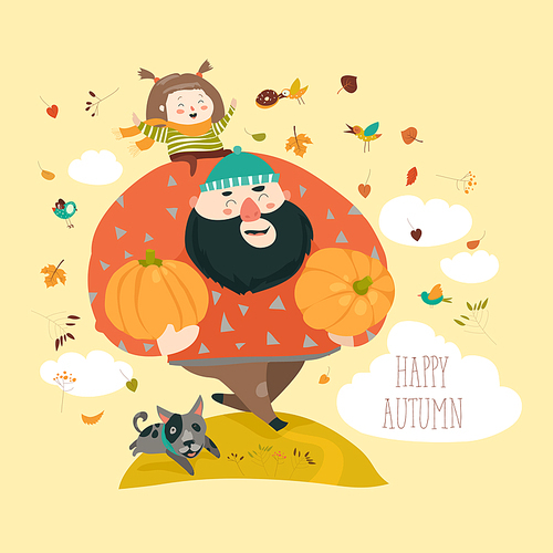 Dad and his daughter with pumpkin. Vector illustration