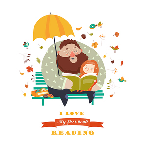 Father reading a book to his daughter. Vector illustration