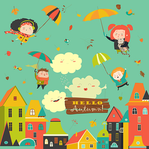 Happy kids flying with umbrellas under the city. Vector illustration