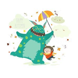 Happy girl with her monster. Vector illustration
