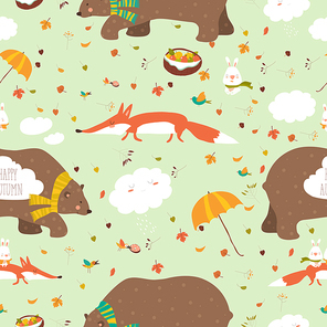 Vector autumn forest seamless pattern with cute animals