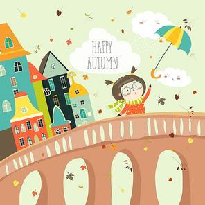 Girl with umbrella in a bad weather comes in the autumn city. Vector illustration