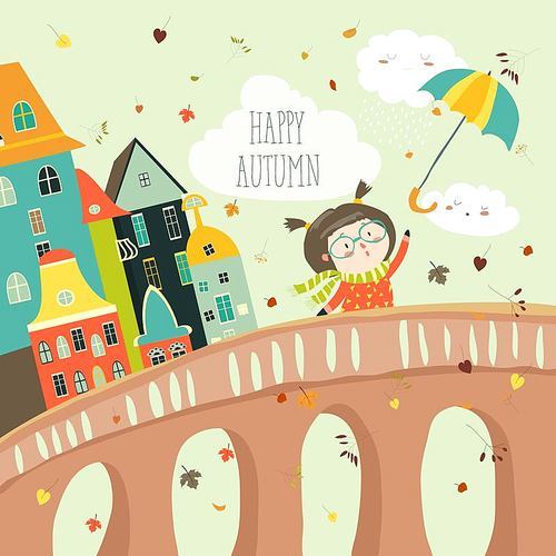 Girl with umbrella in a bad weather comes in the autumn city. Vector illustration