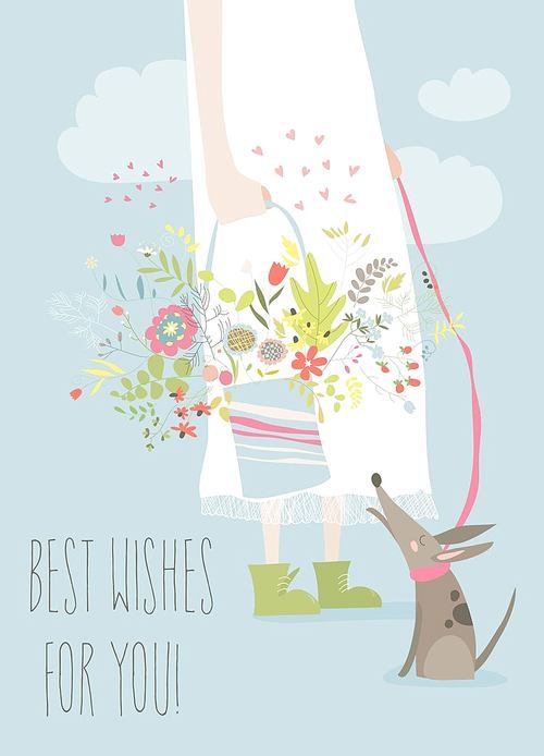 Girl holding bouquet flowers. Vector greeting card