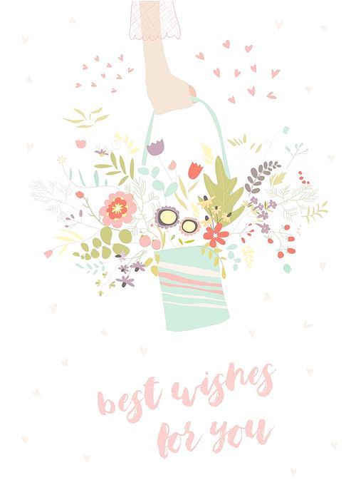 Hand holding bouquet flowers. Vector greeting card