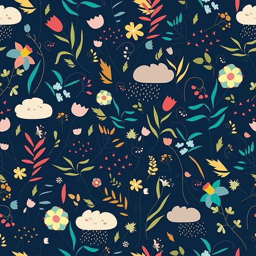 Seamless colorful floral pattern with flowers, leaves and clouds
