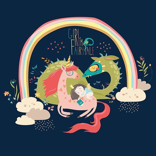 Cute cartoon dragon, unicorn and little princess. Vector illustration