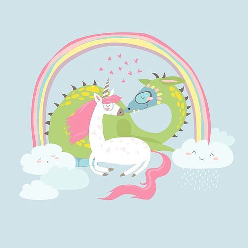 Cute cartoon dragon with unicorn. Vector illustration