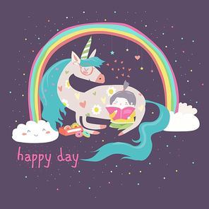 Cute cartoon girl with unicorn. Vector illustration