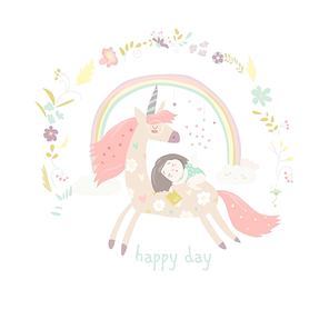 Cute cartoon girl with unicorn. Vector illustration