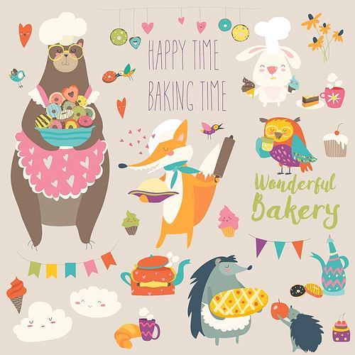 Vector cartoon set animals baking the sweets