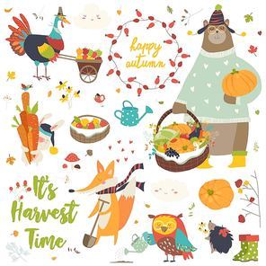 Vector harvesting animals set on white background