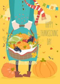 Girl holding basket with vegetables. Happy Thanksgiving Day greeting card