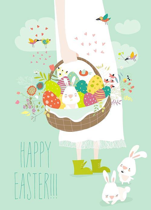 Girl holding basket with easter eggs. Vector greeting card