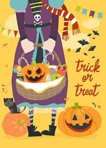 Girl holding basket with pumpkin and sweets. Trick or treat. Halloween greeting card