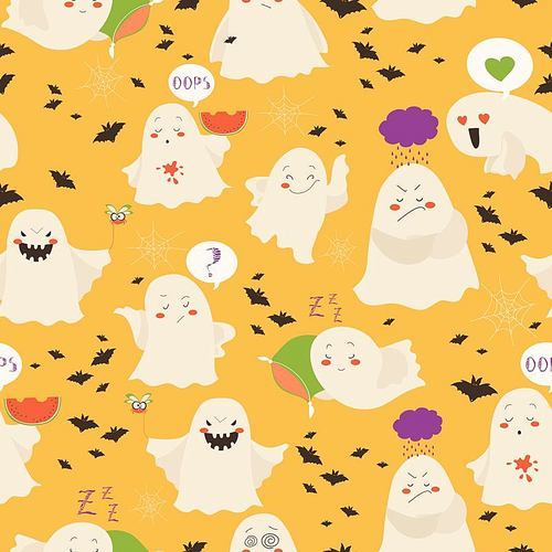 Seamless pattern funny cartoon ghosts emoticon halloween