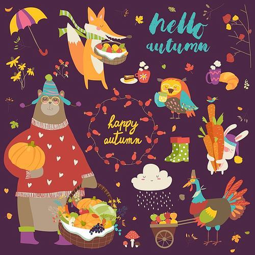 Set of cute autumn cartoon characters, plants and food. Hello autumn