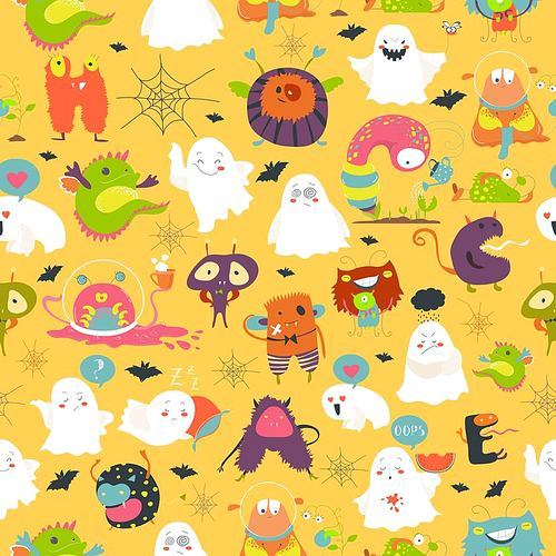 Seamless pattern funny cartoon ghosts and monsters halloween