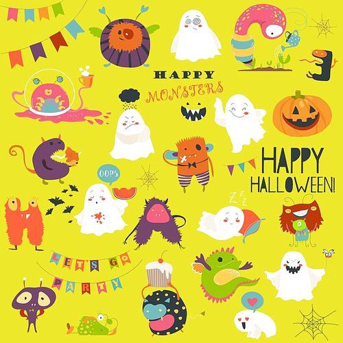 Funny cartoon ghosts and monsters halloween. Vector collection