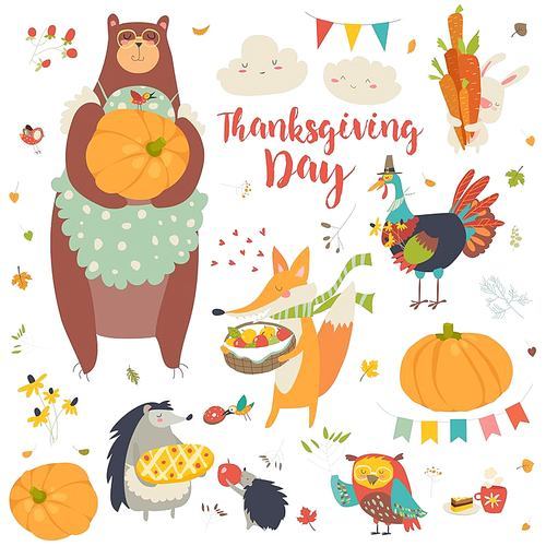 Thanksgiving set with cute forest animals, leaves and vegetables in cartoon style