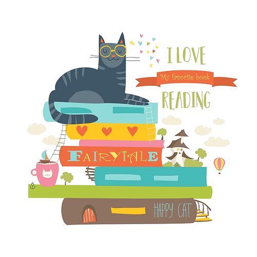 Fairytale concept with book and cat. Vector illustration