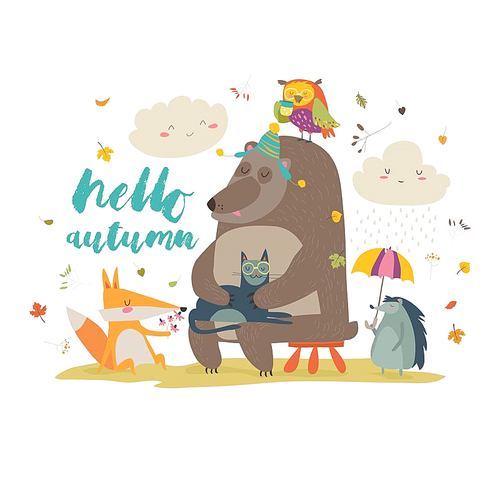 Hello autumn background with cute animals. Vector illustration