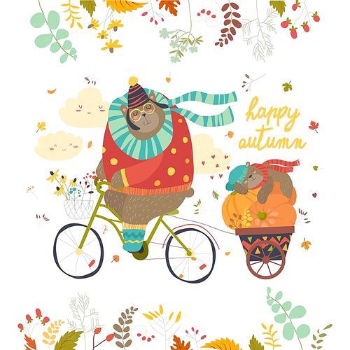 Cute bear riding a bicycle with sleeping cub. Vector isolated illustration