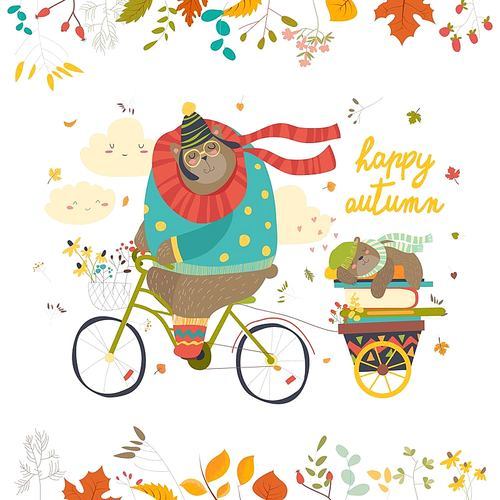 Cute bear riding a bicycle with sleeping cub. Vector isolated illustration