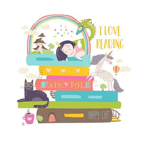 Fairytale concept with book,unicorn,dragon,princess and medieval castle. Vector illustration