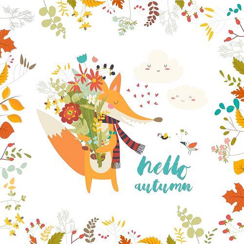 Lovely autumn card with a fox and flowers. Vector illustration