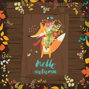 Lovely autumn card with a fox and flowers on wooden background. Vector illustration