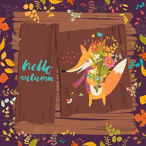 Lovely autumn card with a fox and flowers on wooden background. Vector illustration