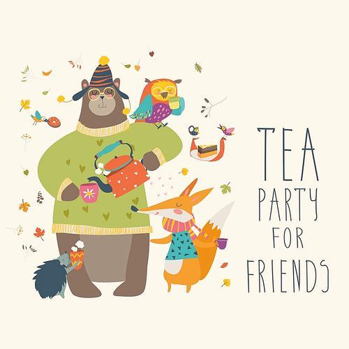 Tea party with cute animals. Vector illustration