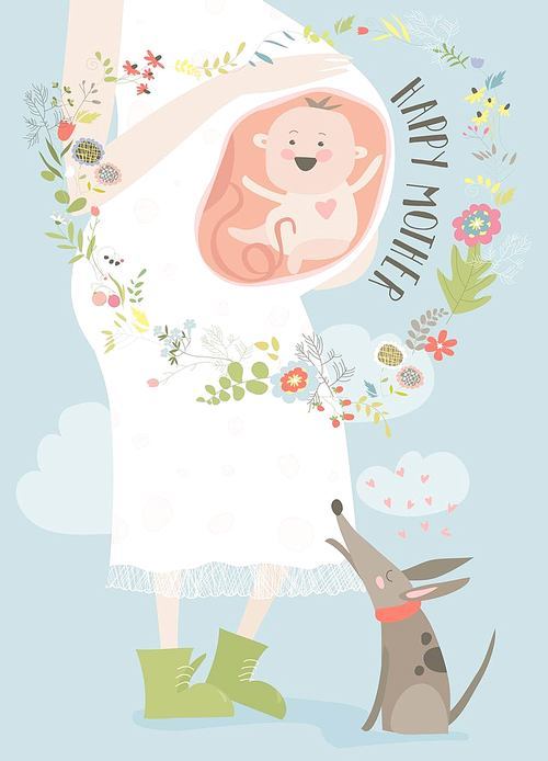 Pregnancy concept card in cartoon style. Baby and mother. Vector greeting card