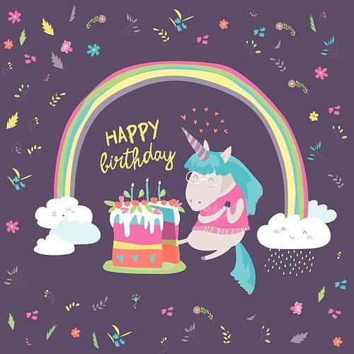 Cute little unicorn celebrates birthday with a delicious cake. Vector illustration