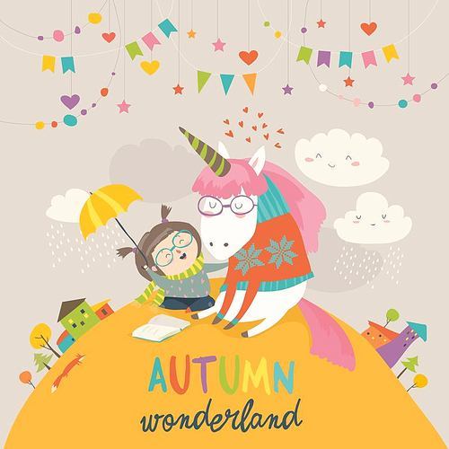 Cute girl hugging unicorn. Autumn wonderland. Vector illustration
