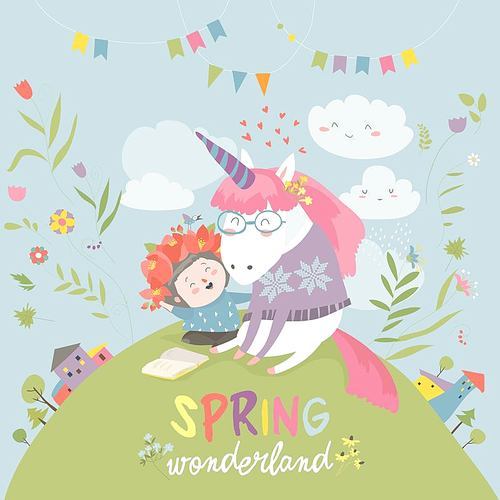 Cute girl hugging unicorn. Spring wonderland. Vector illustration