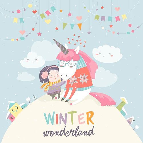 Cute girl hugging unicorn. Winter wonderland. Vector illustration